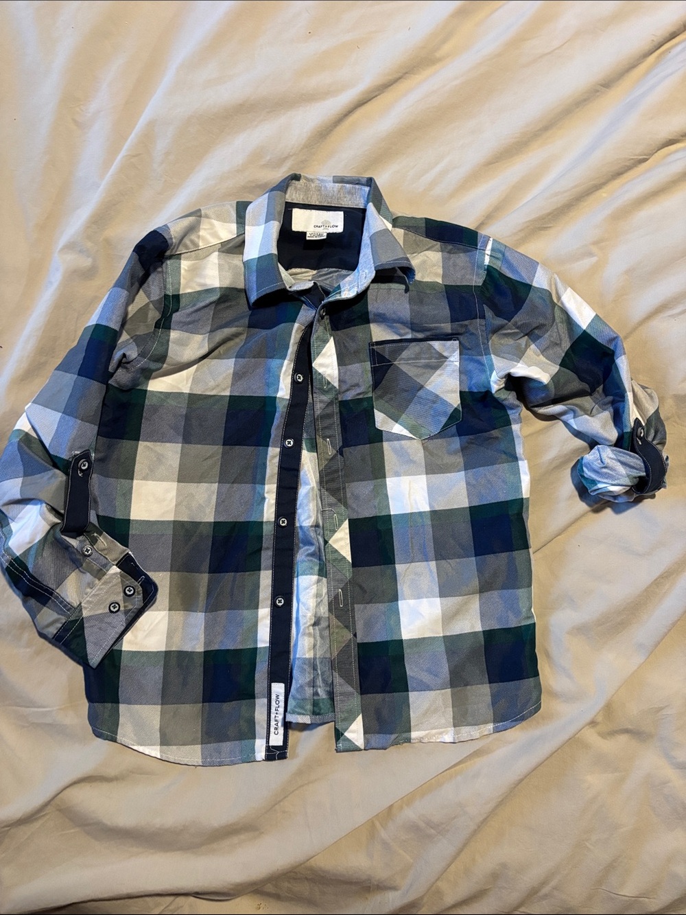 Boys' Plaid Button-Down Shirt in Blue, Green & White